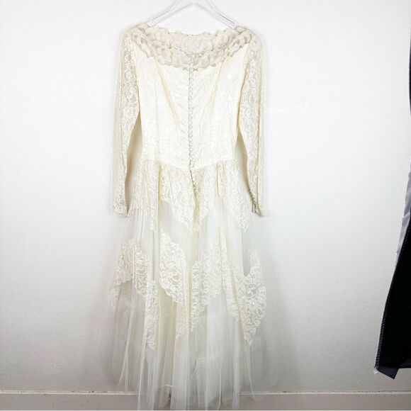 Vintage 70s 1970s Lace Off Shoulder Tulle Wedding Dress Romantic Boho - Picture 8 of 11